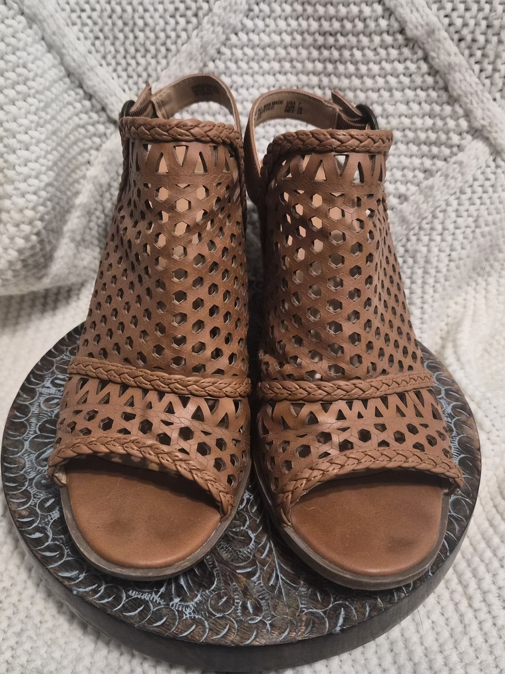 Big Buddha Tan Braided Perforated Peep-Toe Heels